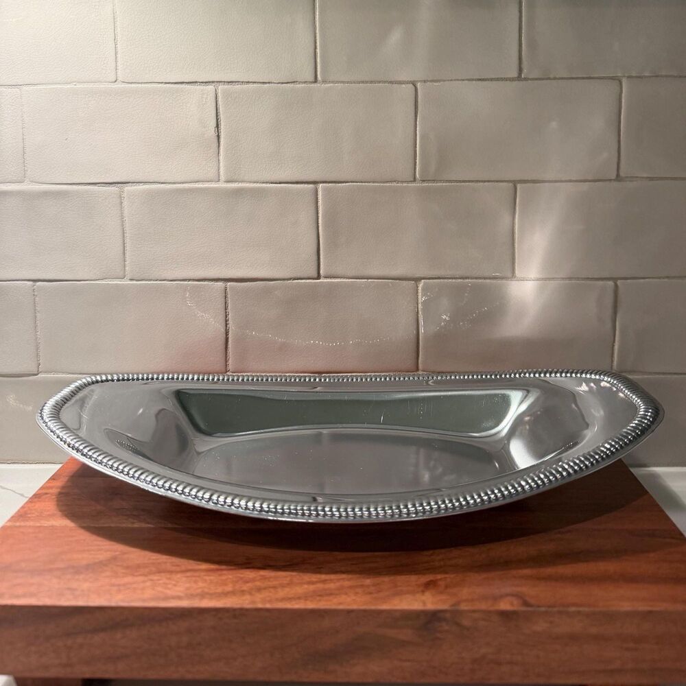 Vintage Shelton-Ware NYC Chrome Serving Tray, Oval Platter, Beaded Gadroon Rim